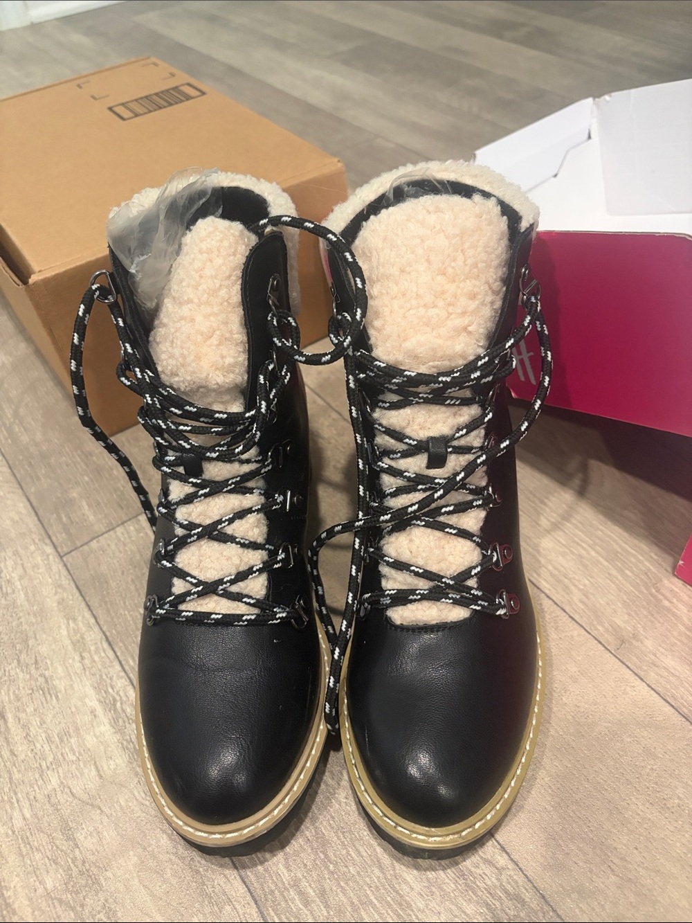 Corkys Black Lace-Up Boots with Cream Faux-Sherpa